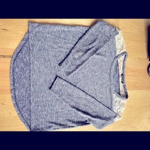 Heather Blue sweater with lace detail at shoulders